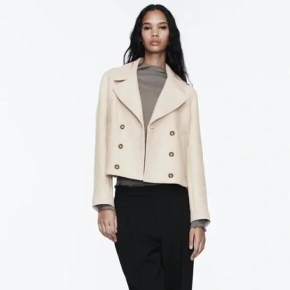 ZARA CROPPED WOOL BLEND DOUBLE BREASTED COAT - Picture 4 of 9